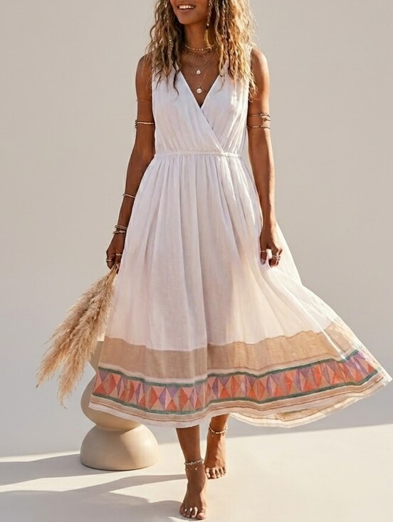 Free People Dresses & Skirts - Free People Sleeveless V-Neck Boho Midi Dress in Ivory with Southwest Border M